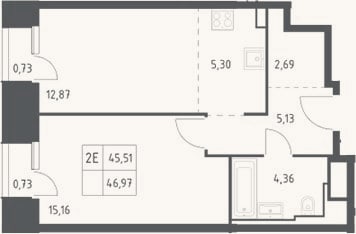 Планировка: 2-к, 45,5 м²