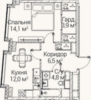 Планировка: 1-к, 41,3 м²