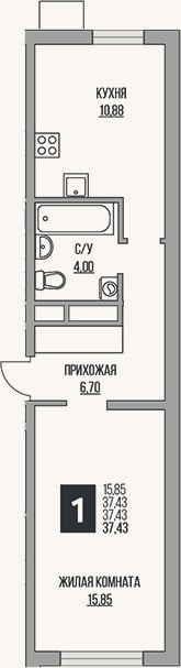 Планировка: 1-к, 37,4 м²