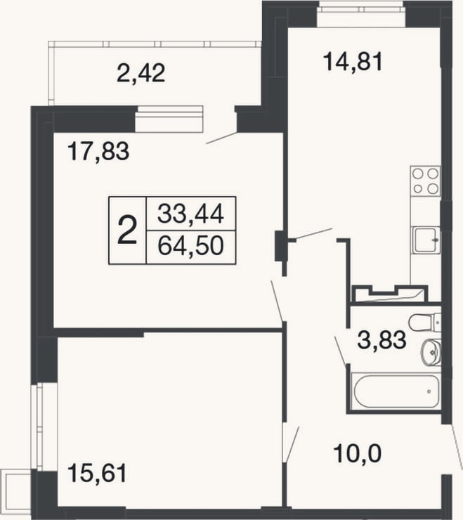 Планировка: 2-к, 62,1 м²