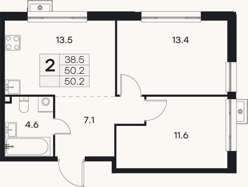 Планировка: 2-к, 50,2 м²