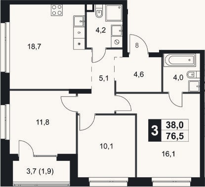 Планировка: 3-к, 74,6 м²