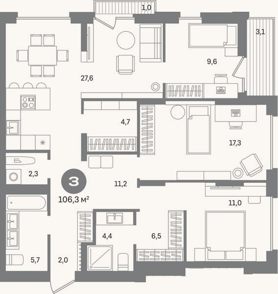Планировка: 3-к, 102,2 м²