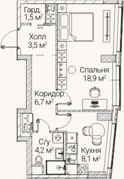 Планировка: 1-к, 42,9 м²
