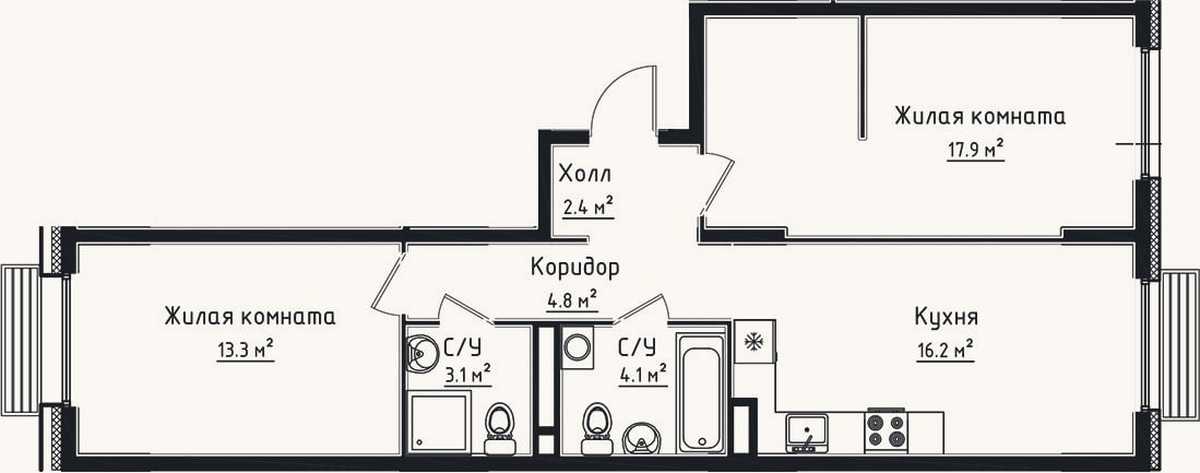 Планировка: 2-к, 61,8 м²