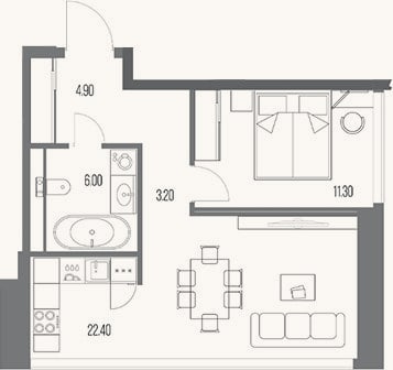 Планировка: 1-к, 47,8 м²