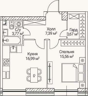 Планировка: 1-к, 47,4 м²