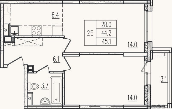 Планировка: 2-к, 44,2 м²