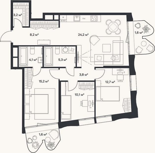Планировка: 4+ к, 86,8 м²