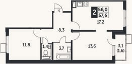 Планировка: 3-к, 56 м²