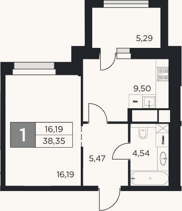 Планировка: 1-к, 35,7 м²