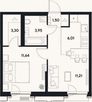 Планировка: 2-к, 37,6 м²