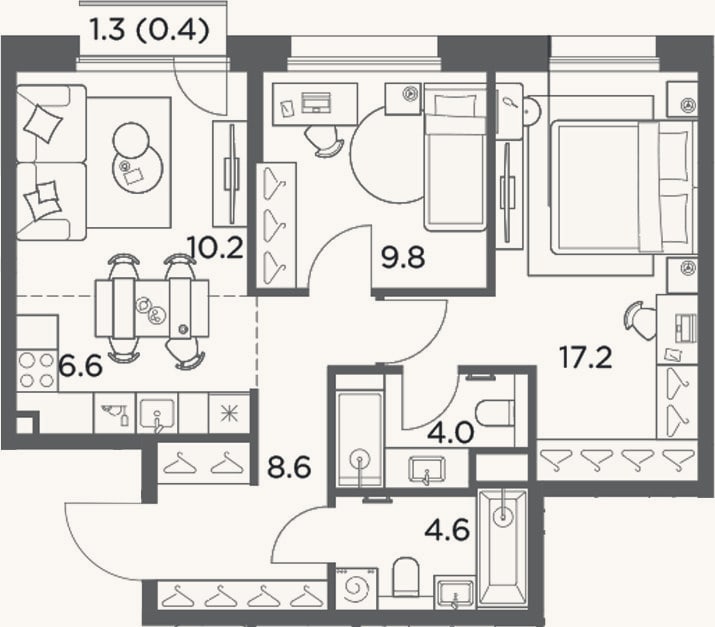 Планировка: 3-к, 61 м²