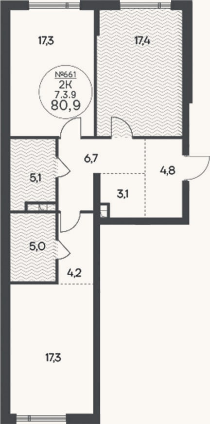 Планировка: 2-к, 80,9 м²