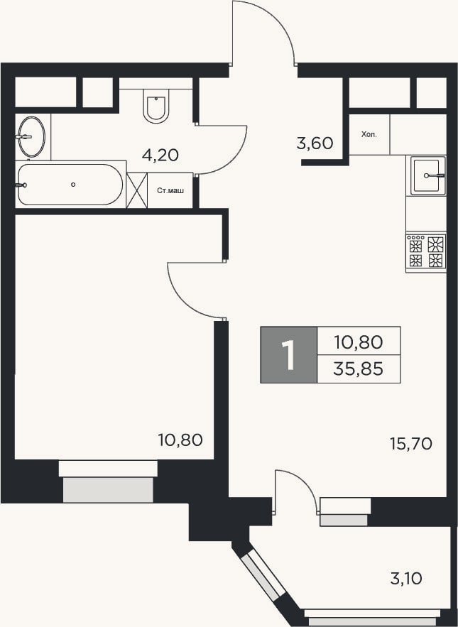 Планировка: 2-к, 34,3 м²