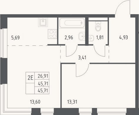 Планировка: 2-к, 45,7 м²
