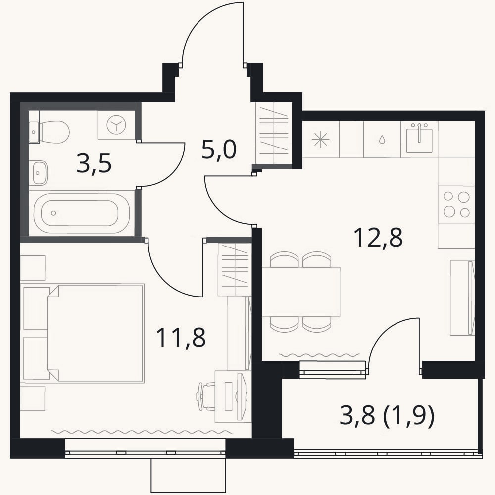 Планировка: 1-к, 33,1 м²