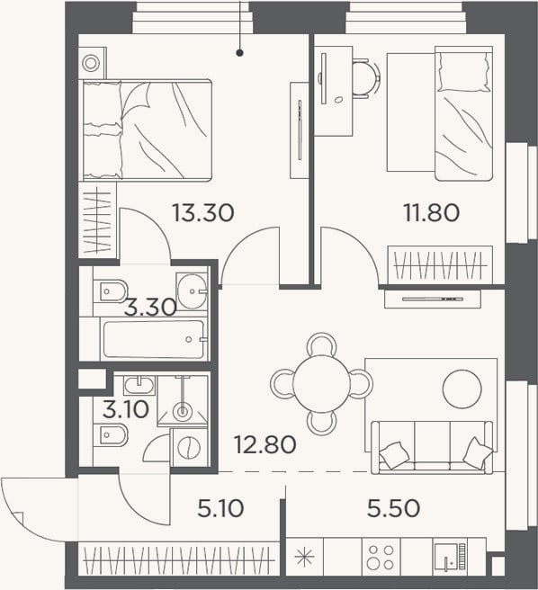 Планировка: 3-к, 54,9 м²