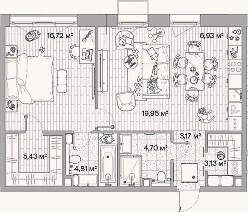 Планировка: 2-к, 64,8 м²