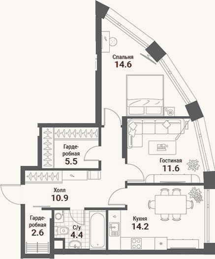 Планировка: 2-к, 63,8 м²