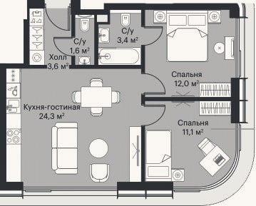 Планировка: 3-к, 54,9 м²