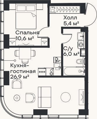 Планировка: 2-к, 48,9 м²