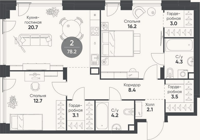 Планировка: 3-к, 78,2 м²