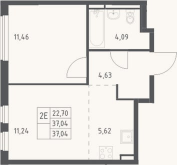 Планировка: 2-к, 37 м²