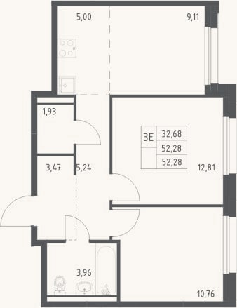 Планировка: 3-к, 52,3 м²
