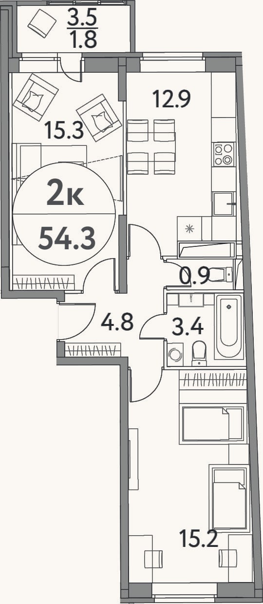 Планировка: 2-к, 52,5 м²