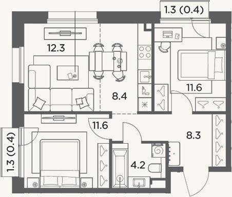 Планировка: 3-к, 56,4 м²
