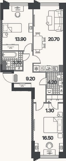 Планировка: 3-к, 69,5 м²