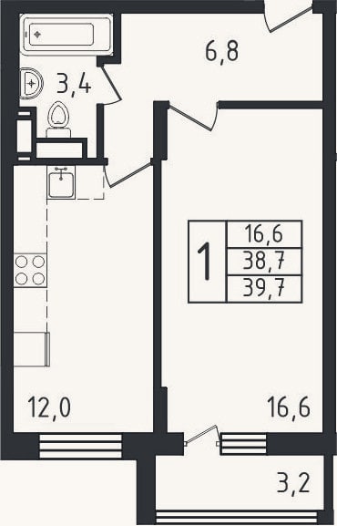 Планировка: 1-к, 38,7 м²