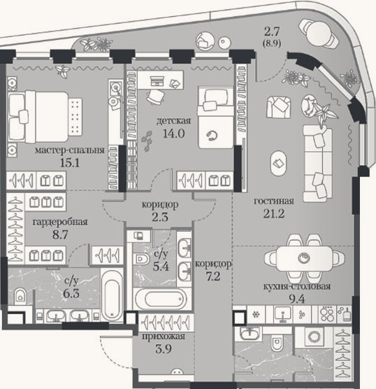Планировка: 2-к, 100,1 м²