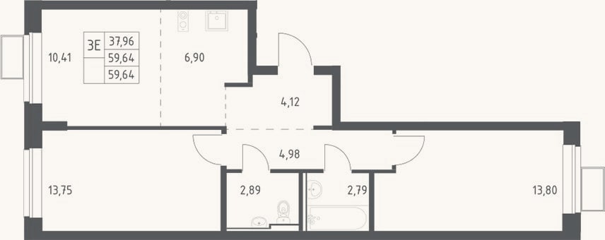 Планировка: 3-к, 59,6 м²