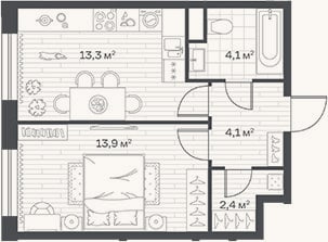 Планировка: 1-к, 37,8 м²