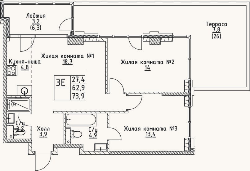 Планировка: 3-к, 62,9 м²
