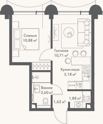 Планировка: 2-к, 33,9 м²