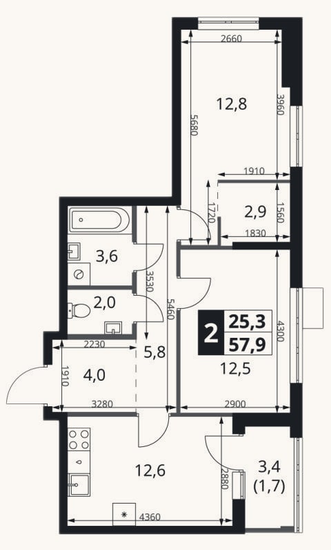 Планировка: 2-к, 56,2 м²