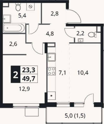 Планировка: 2-к, 48,2 м²