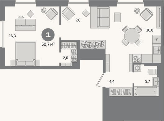 Планировка: 1-к, 50,7 м²