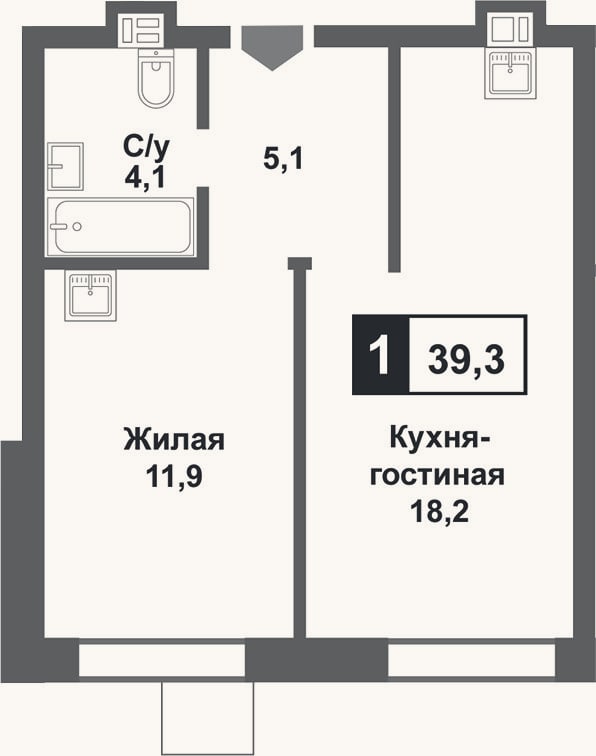 Планировка: 2-к, 39,3 м²
