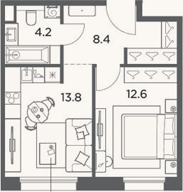 Планировка: 1-к, 39 м²