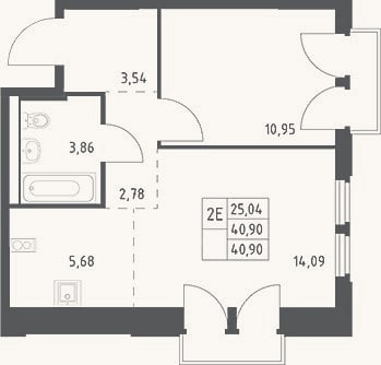Планировка: 2-к, 40,9 м²