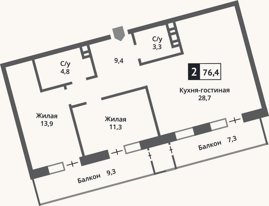 Планировка: 3-к, 71,5 м²