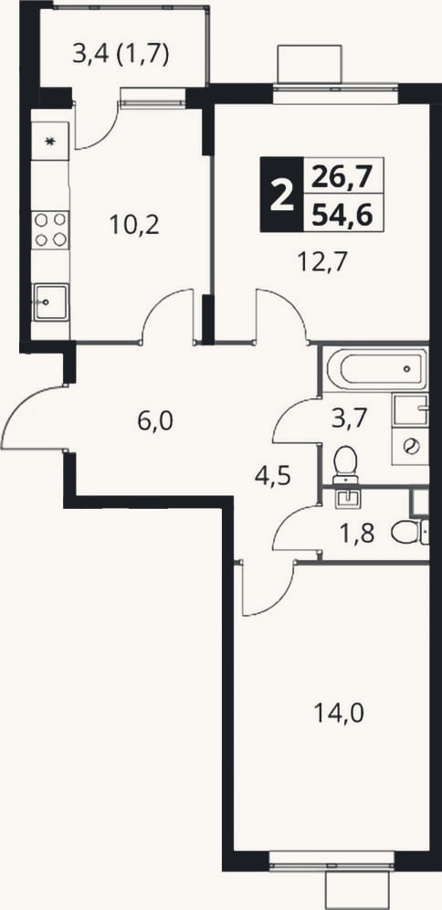 Планировка: 2-к, 52,9 м²