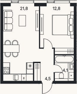 Планировка: 2-к, 43,2 м²