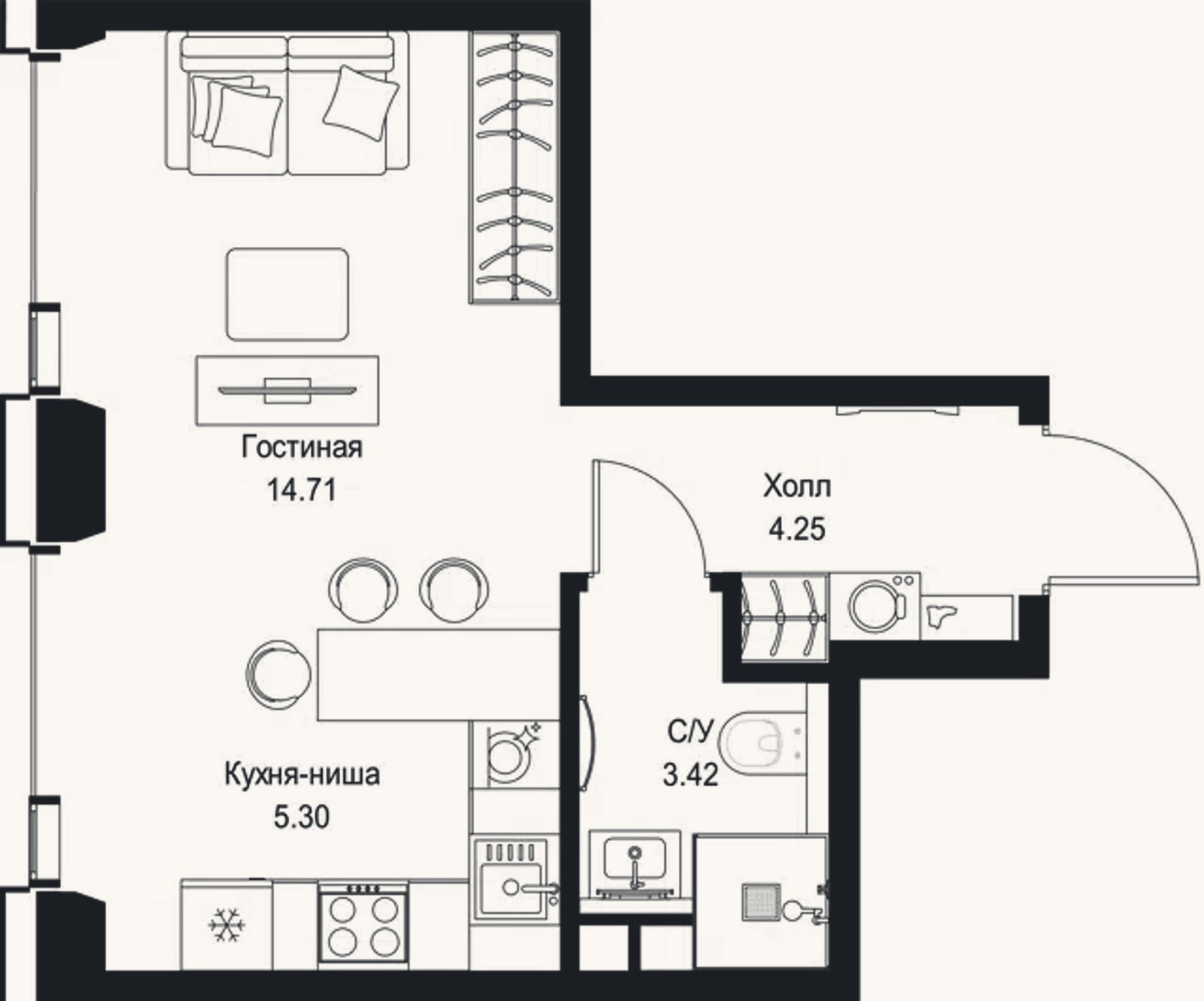 Планировка: Студия, 27,7 м²