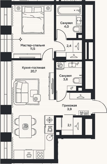 Планировка: 2-к, 48,2 м²