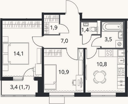 Планировка: 2-к, 49,6 м²